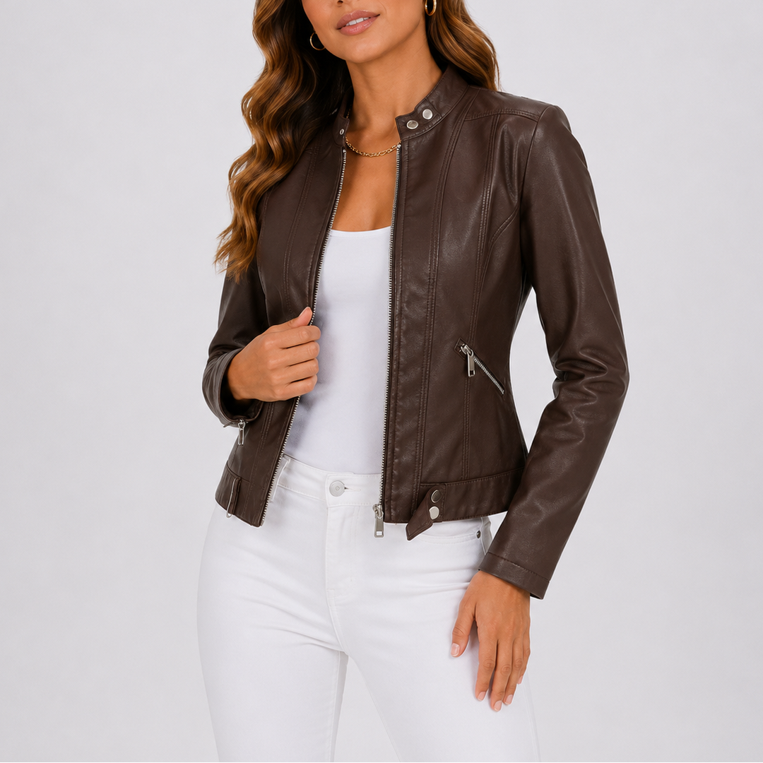 Manuela – giacca in ecopelle donna con tasche e zip