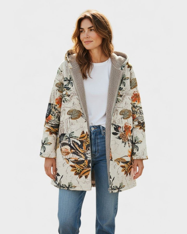 Elena | giacca con cappuccio boho floral sherpa