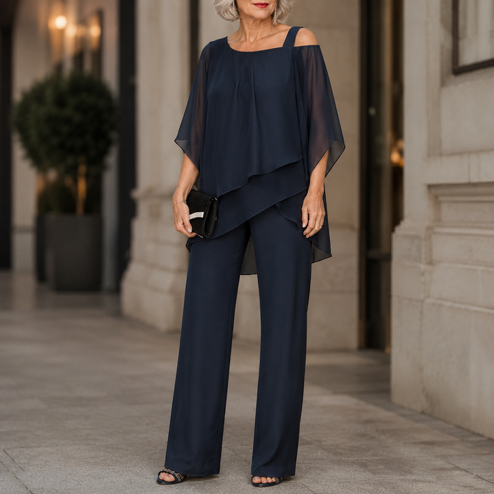 Isabella | tailleur pantalone donna con sovrapposizione – completo elegante gamba larga