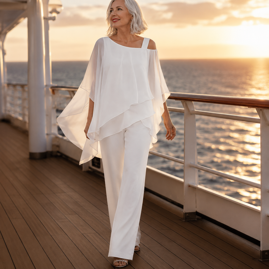 Isabella | tailleur pantalone donna con sovrapposizione – completo elegante gamba larga