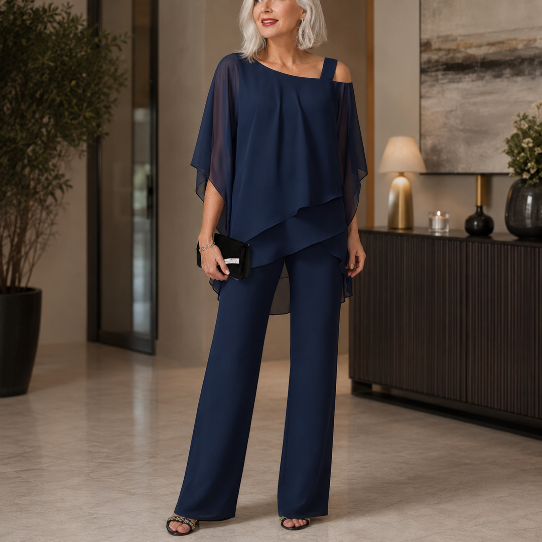 Isabella | tailleur pantalone donna con sovrapposizione – completo elegante gamba larga