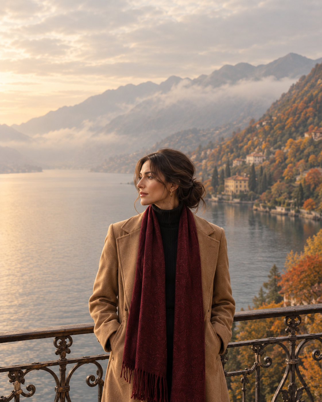 Ritratto autunnale di donna con cappotto cammello sul lago nebbioso – collezione autunno-inverno Giovanni & Alba