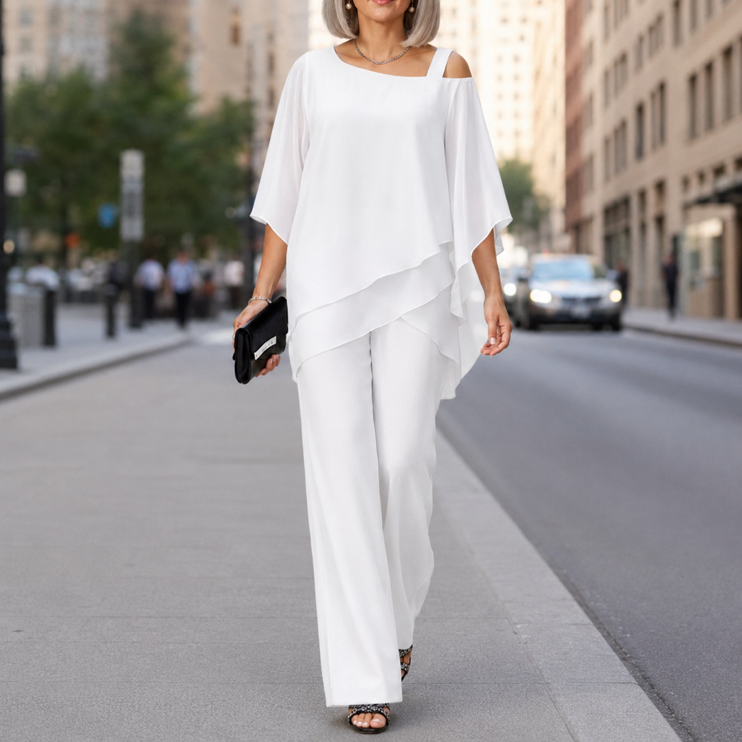 Isabella | tailleur pantalone donna con sovrapposizione – completo elegante gamba larga