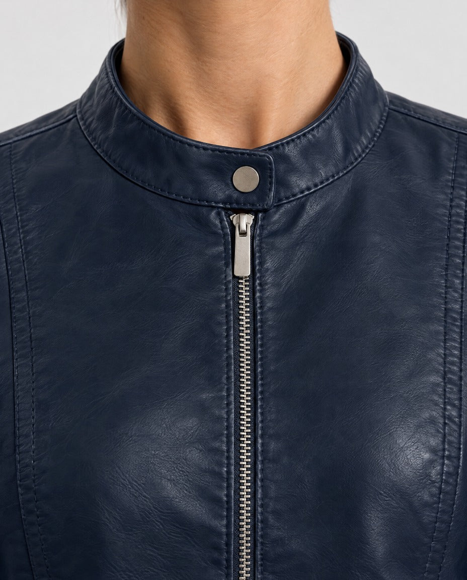 Ester – giacca biker donna in ecopelle con collo alla coreana