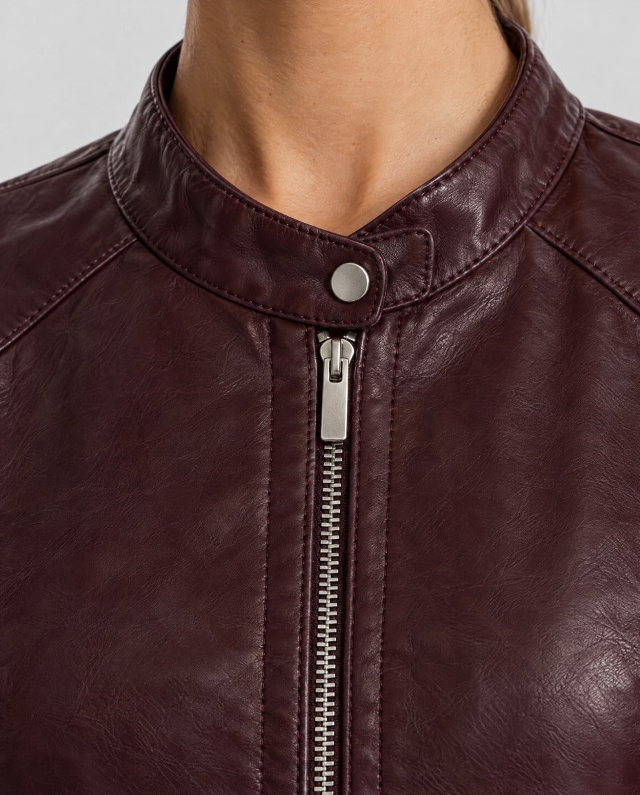 Ester – giacca biker donna in ecopelle con collo alla coreana