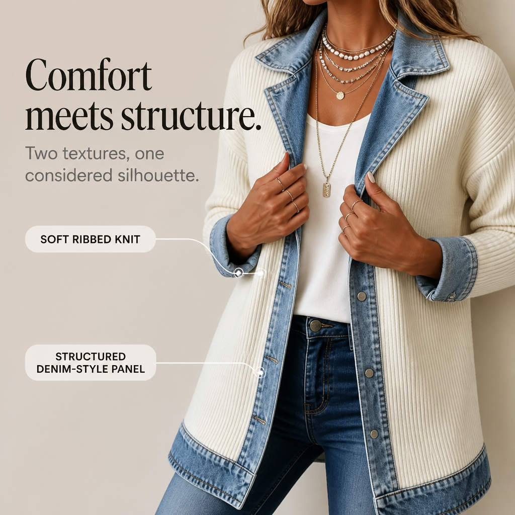 Viola | cappotto donna in maglia con inserti denim – cardigan lungo a coste