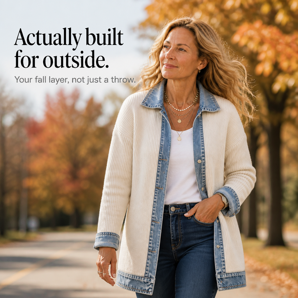 Viola | cappotto donna in maglia con inserti denim – cardigan lungo a coste