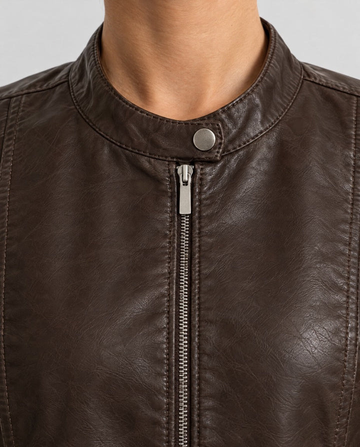 Ester – giacca biker donna in ecopelle con collo alla coreana