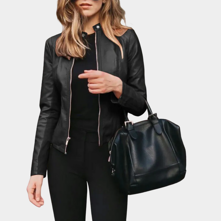 Viviana – giacca in ecopelle donna senza collo con zip