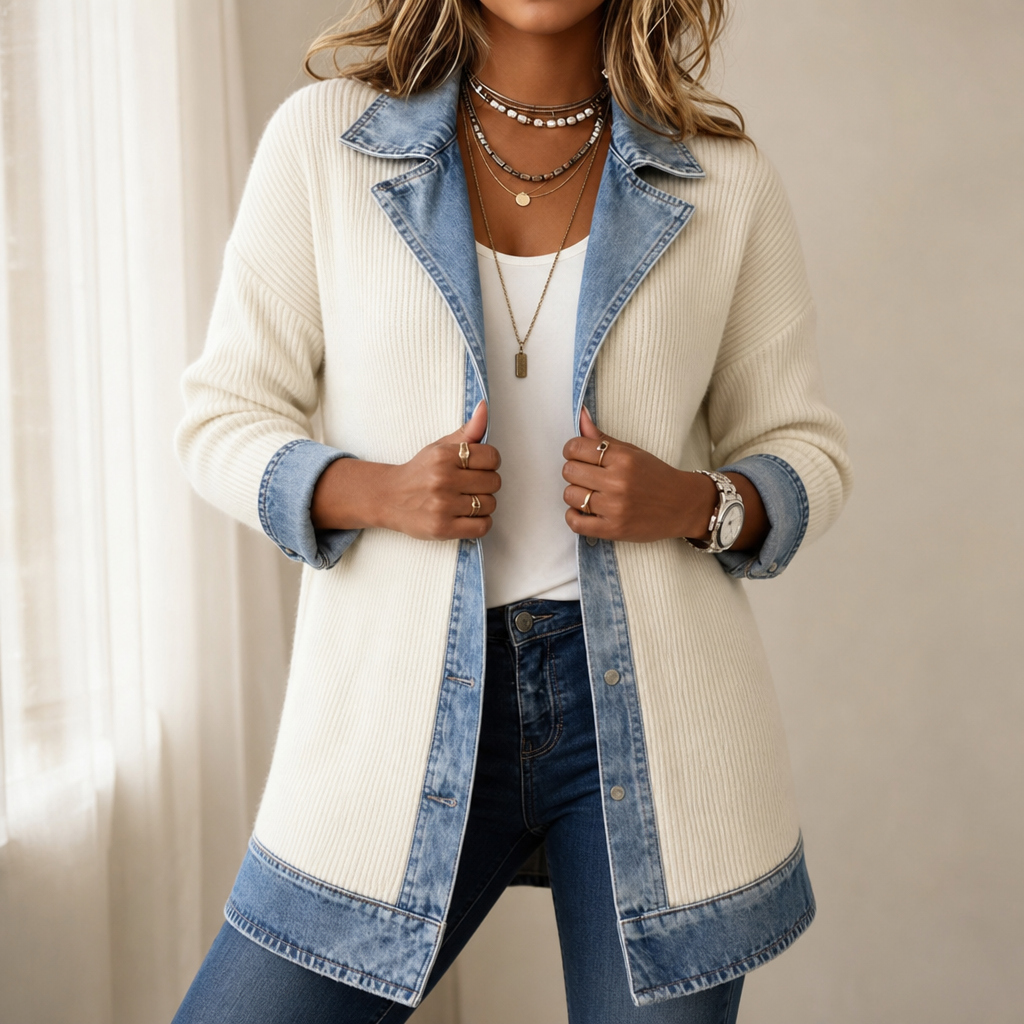 Viola | cappotto donna in maglia con inserti denim – cardigan lungo a coste