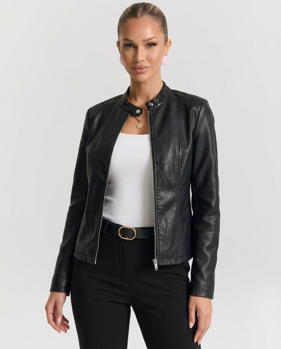 Ester – giacca biker donna in ecopelle con collo alla coreana