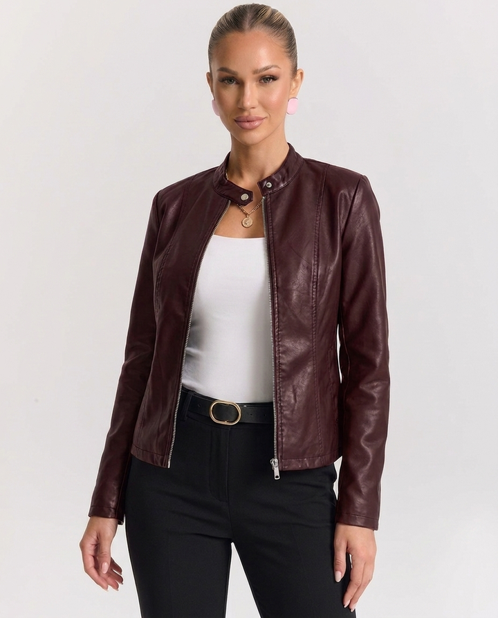 Ester – giacca biker donna in ecopelle con collo alla coreana