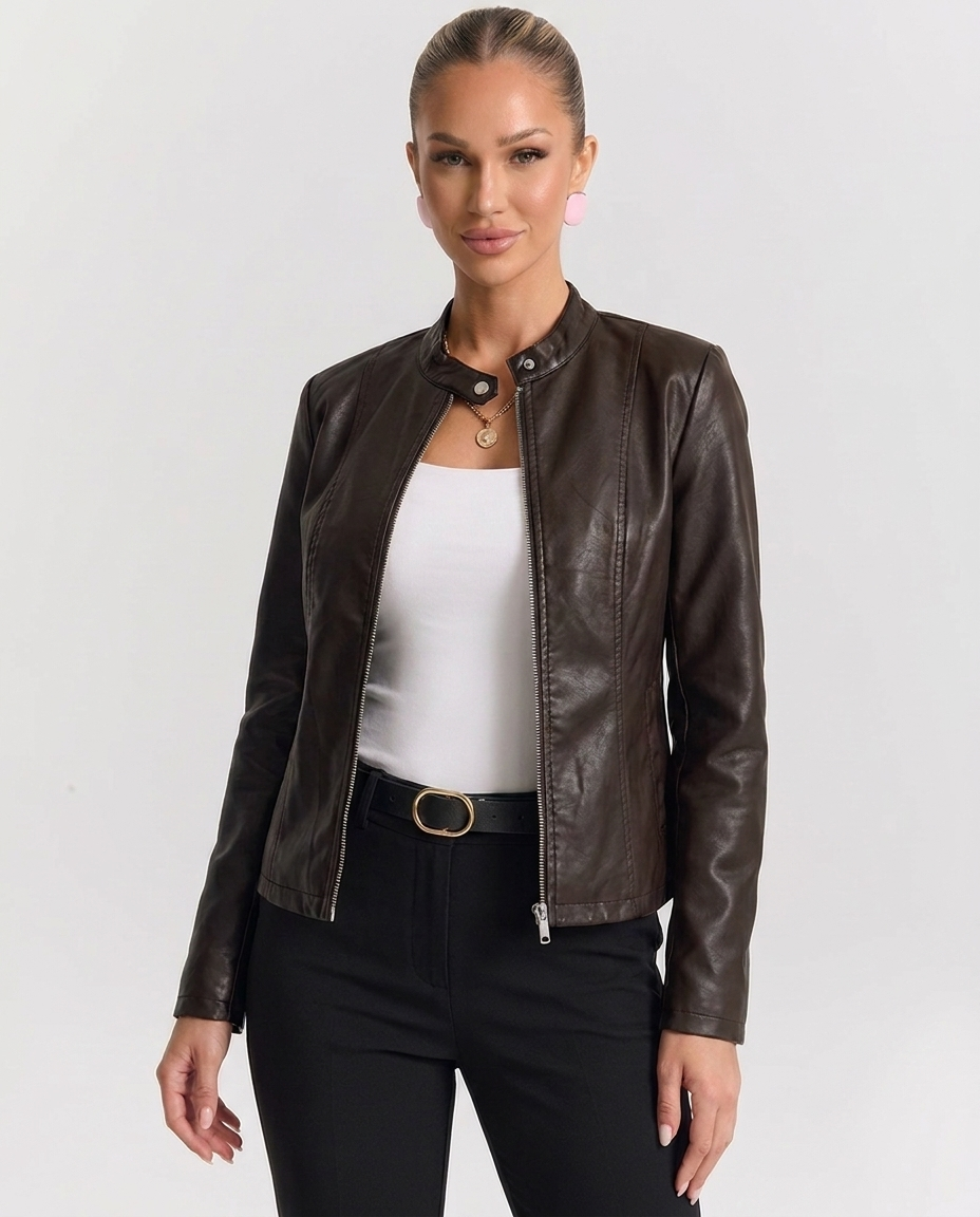 Ester – giacca biker donna in ecopelle con collo alla coreana