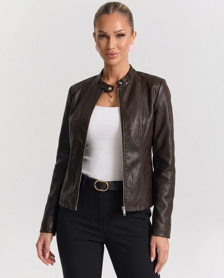 Ester – giacca biker donna in ecopelle con collo alla coreana