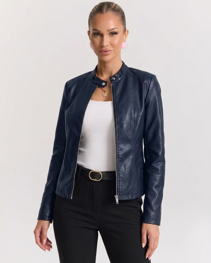 Ester – giacca biker donna in ecopelle con collo alla coreana