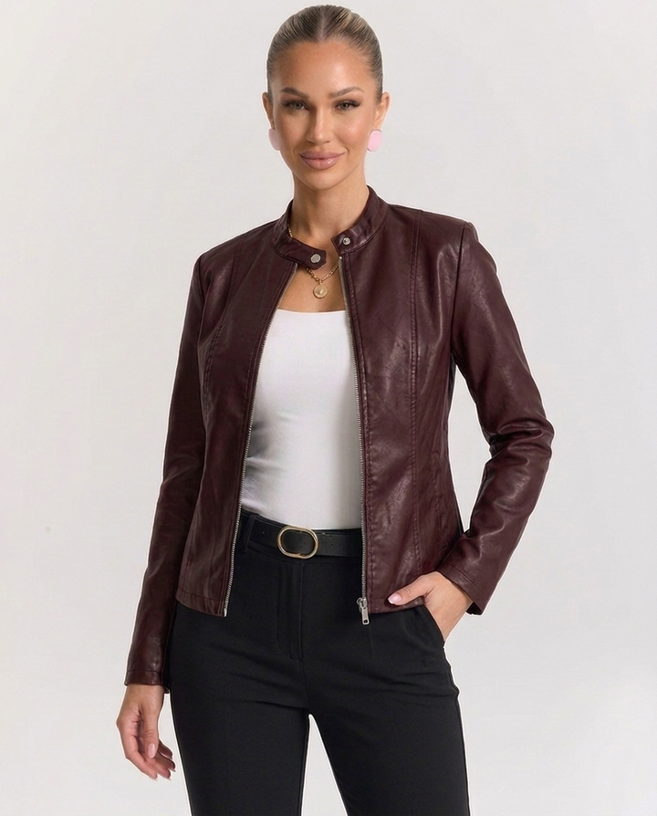 Ester – giacca biker donna in ecopelle con collo alla coreana