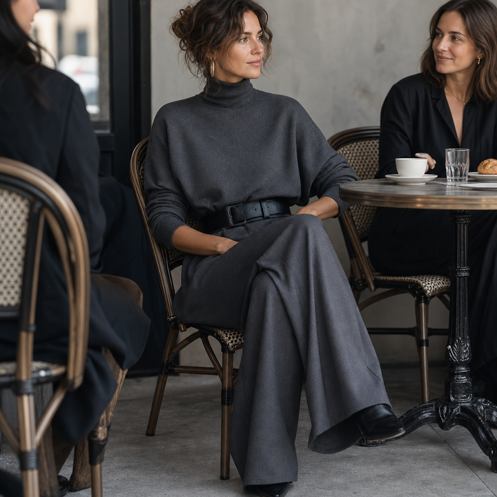 Ludovica | completo donna collo alto e pantaloni vita alta con cintura – set elegante