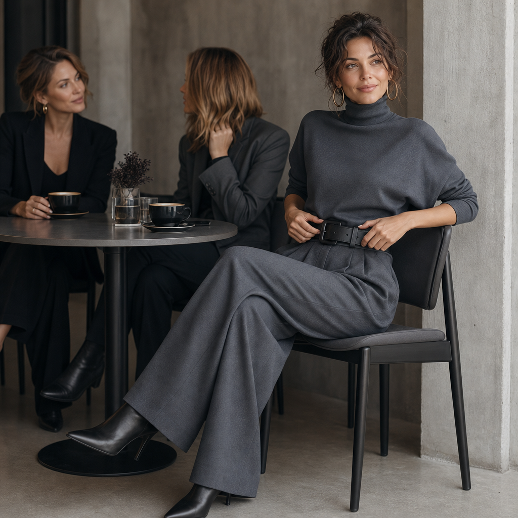 Ludovica | completo donna collo alto e pantaloni vita alta con cintura – set elegante