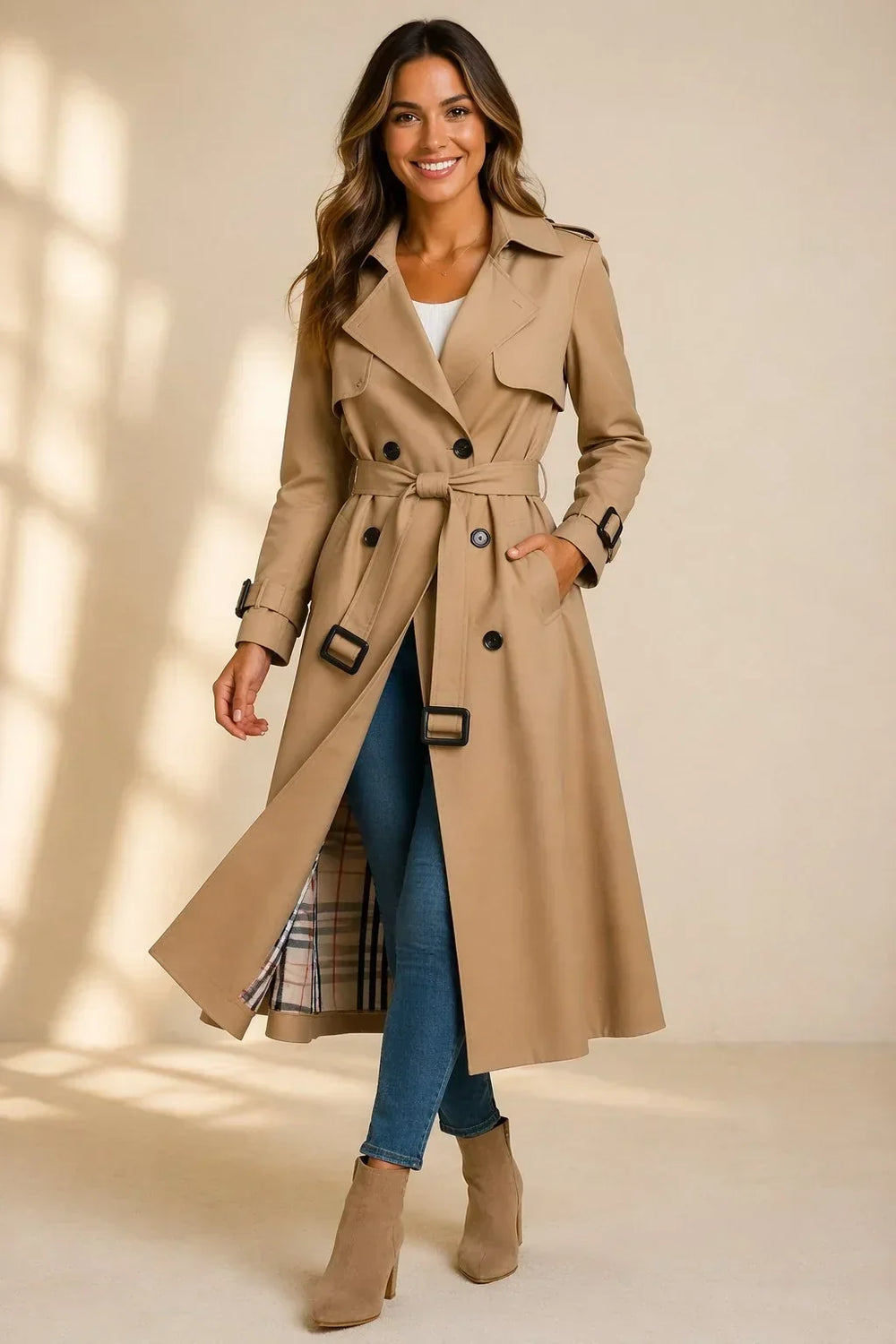 Zelia – trench donna lungo doppiopetto con cintura