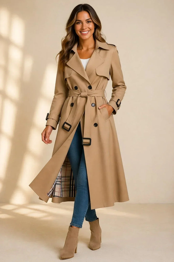 Zelia – trench donna lungo doppiopetto con cintura