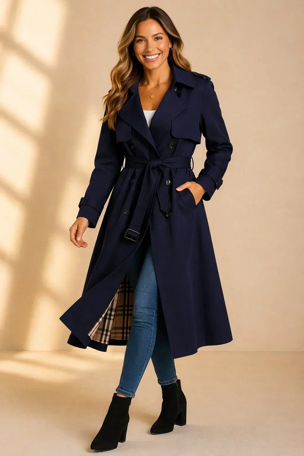 Zelia – trench donna lungo doppiopetto con cintura