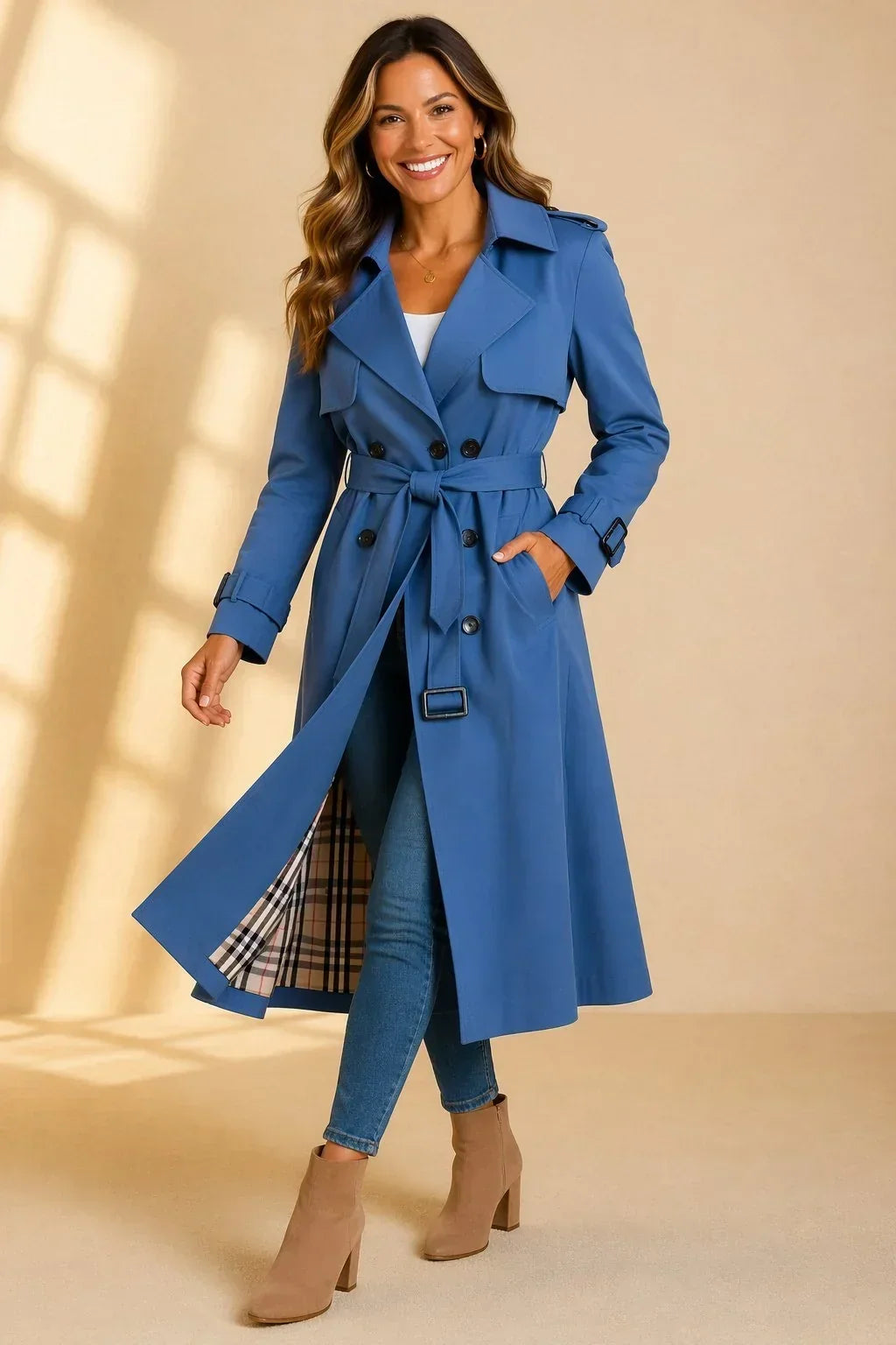Zelia – trench donna lungo doppiopetto con cintura