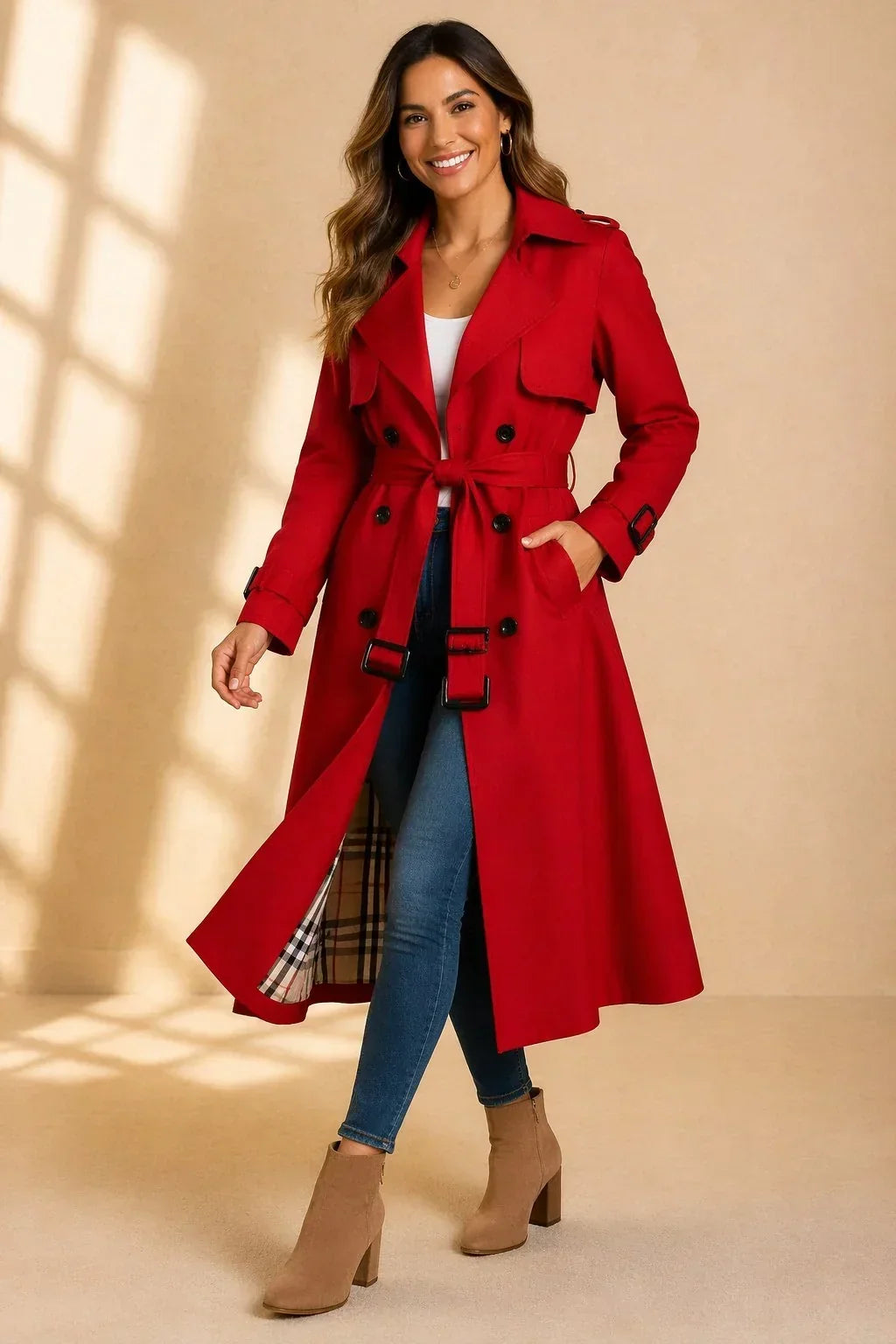 Zelia – trench donna lungo doppiopetto con cintura