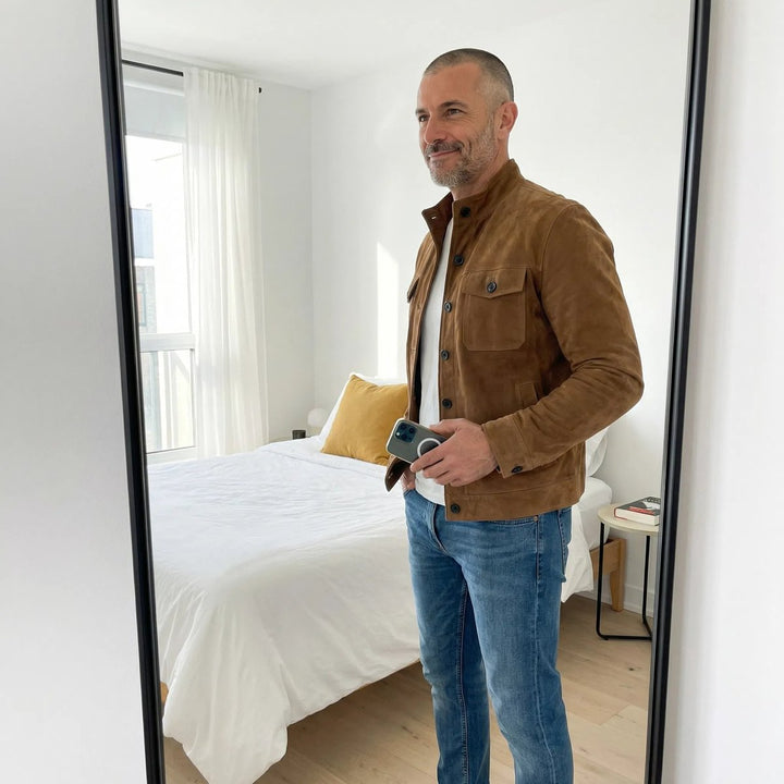 Francesco – giacca scamosciata uomo con bottoni e collo alto