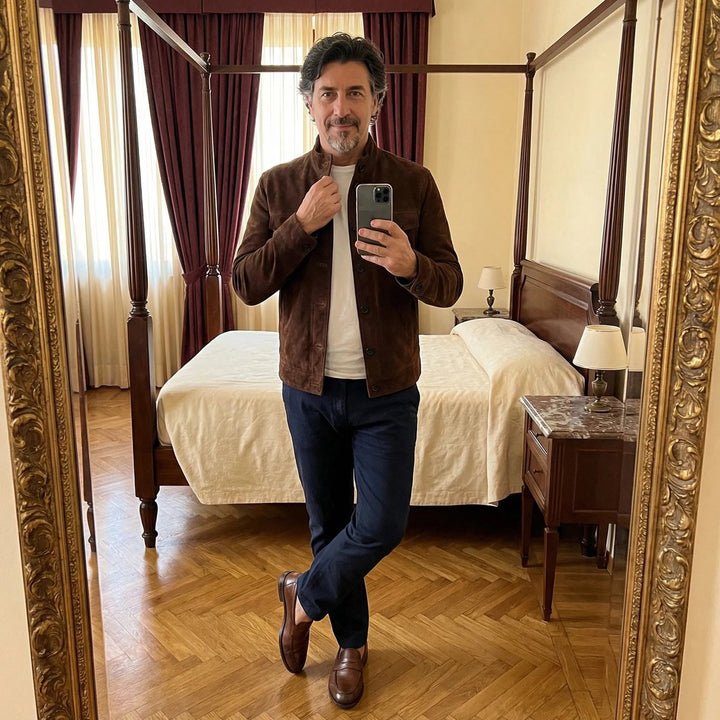 Francesco – giacca scamosciata uomo con bottoni e collo alto