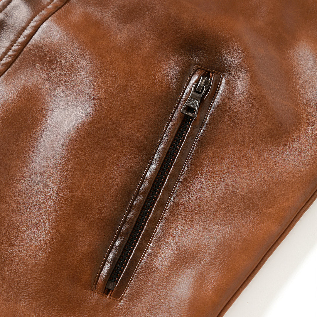 Ruggero | giubbotto in ecopelle uomo cognac – giacca vintage con cuciture