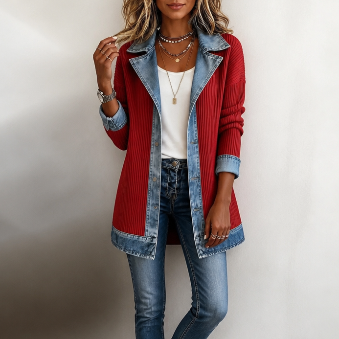 Viola | cappotto donna in maglia con inserti denim – cardigan lungo a coste
