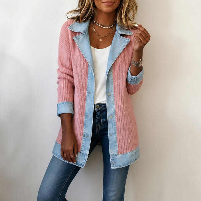 Viola | cappotto donna in maglia con inserti denim – cardigan lungo a coste