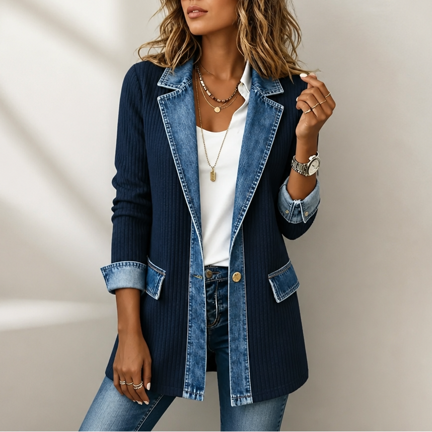 Viola | cappotto donna in maglia con inserti denim – cardigan lungo a coste