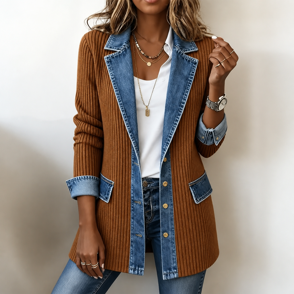 Viola | cappotto donna in maglia con inserti denim – cardigan lungo a coste