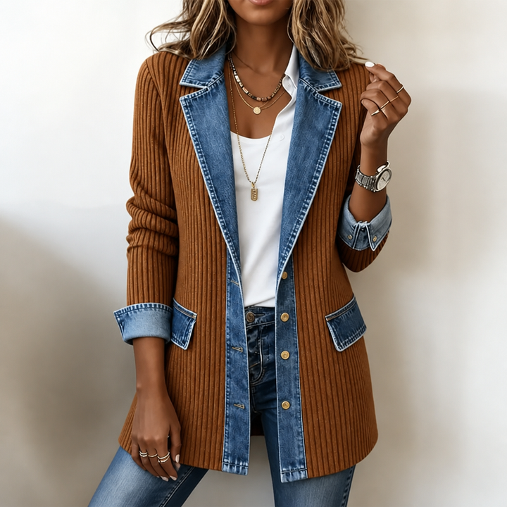 Viola | cappotto donna in maglia con inserti denim – cardigan lungo a coste