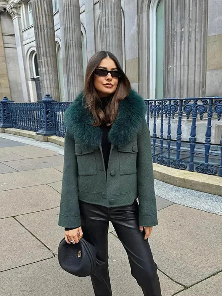 Sveva | giacca verde scuro con collo in pelliccia